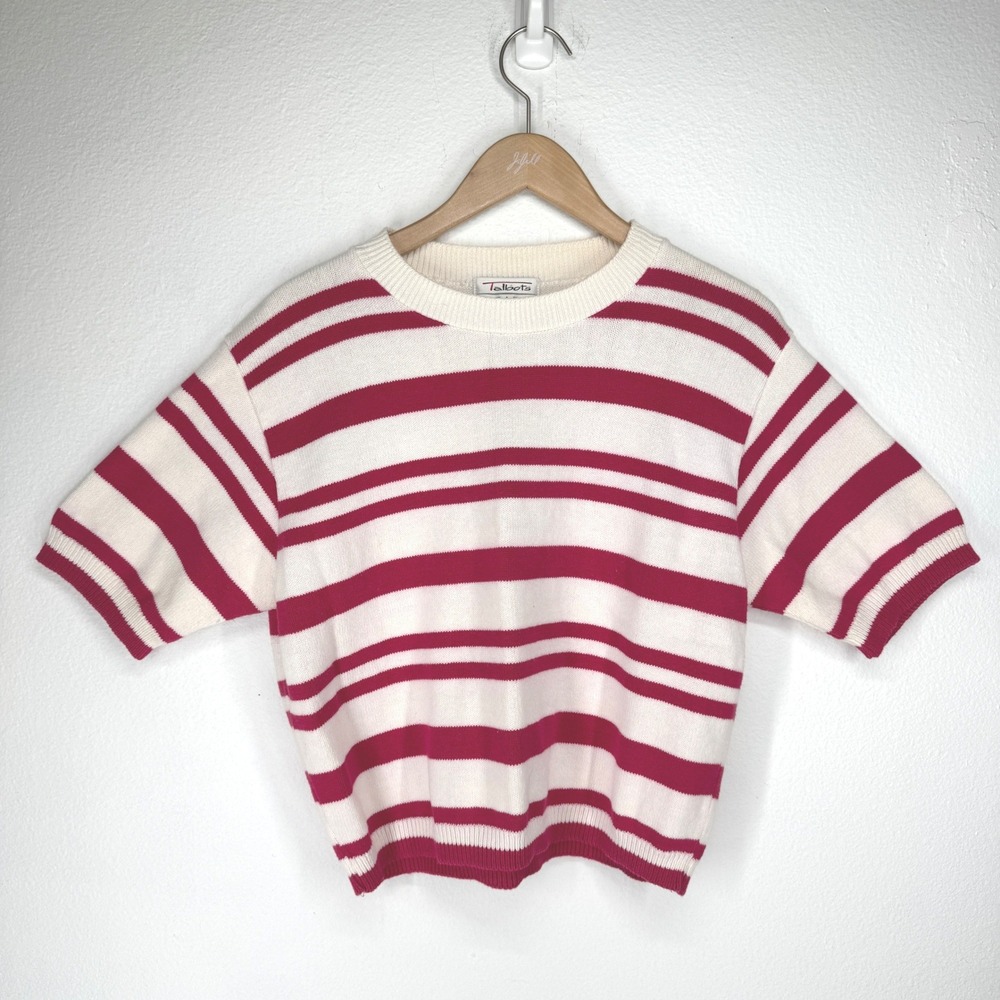 Talbots Vintage Preppy Striped Short Sleeve Cotton Sweater Large Pink Coastal